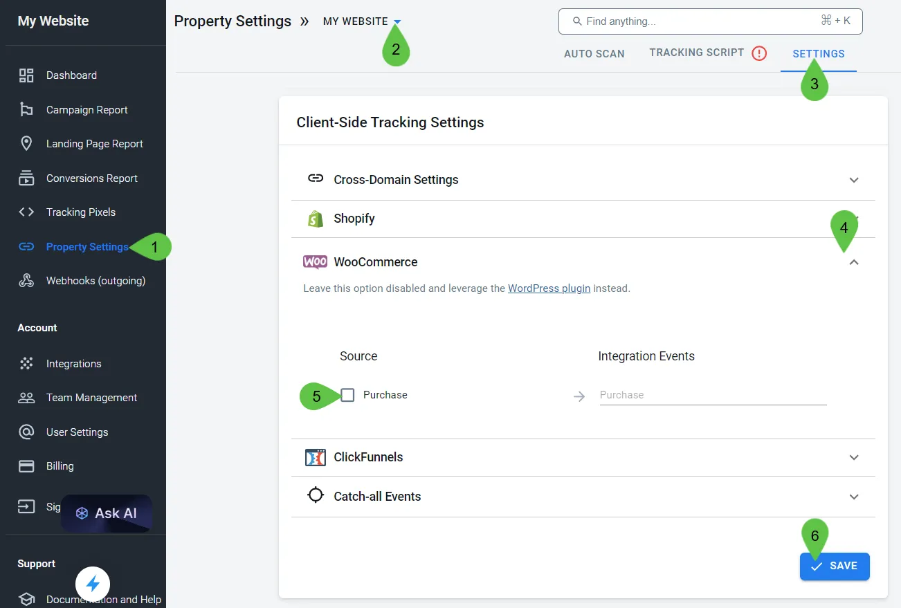 How to find the client-side tracking options for the WooCommerce integration from the AnyTrack dashboard.