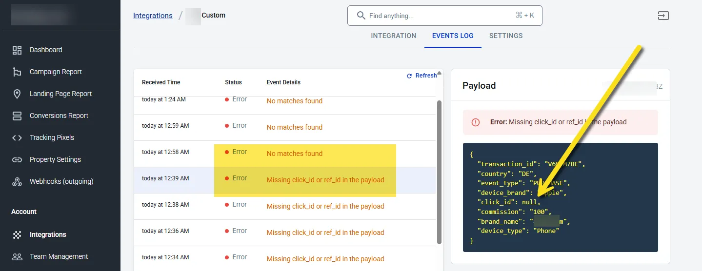 The Events Log shows an error if no clickId value is present.