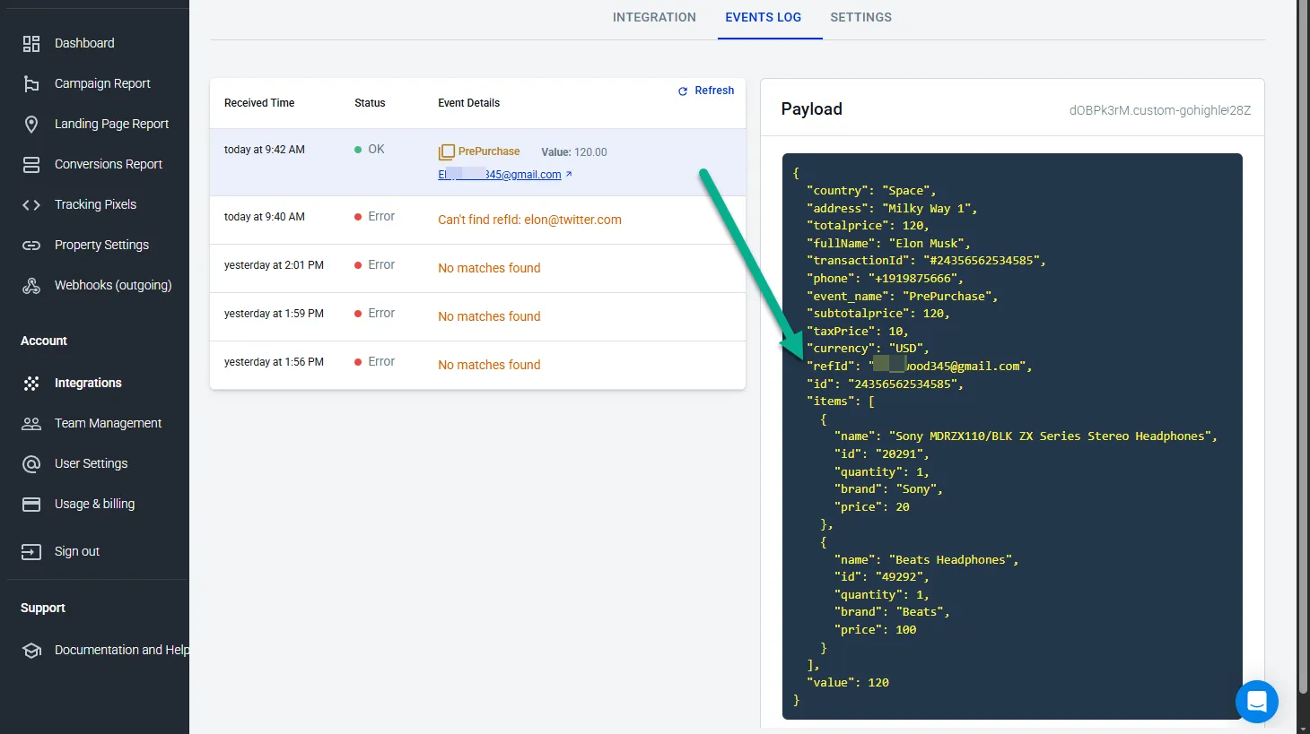 AnyTrack will use the refId to match the new event with the Facebook lead