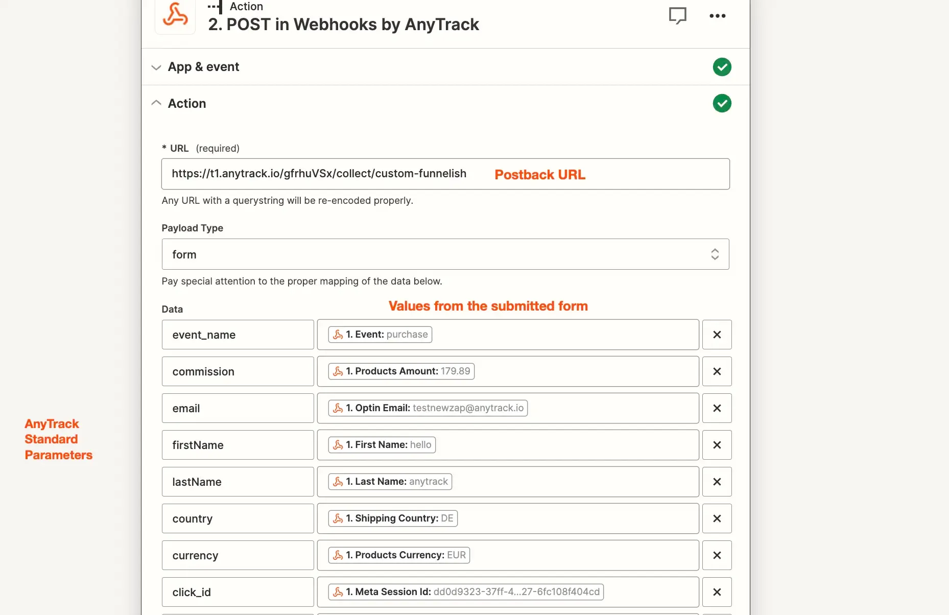 Parameter mapping between Zapier and AnyTrack Postback URL