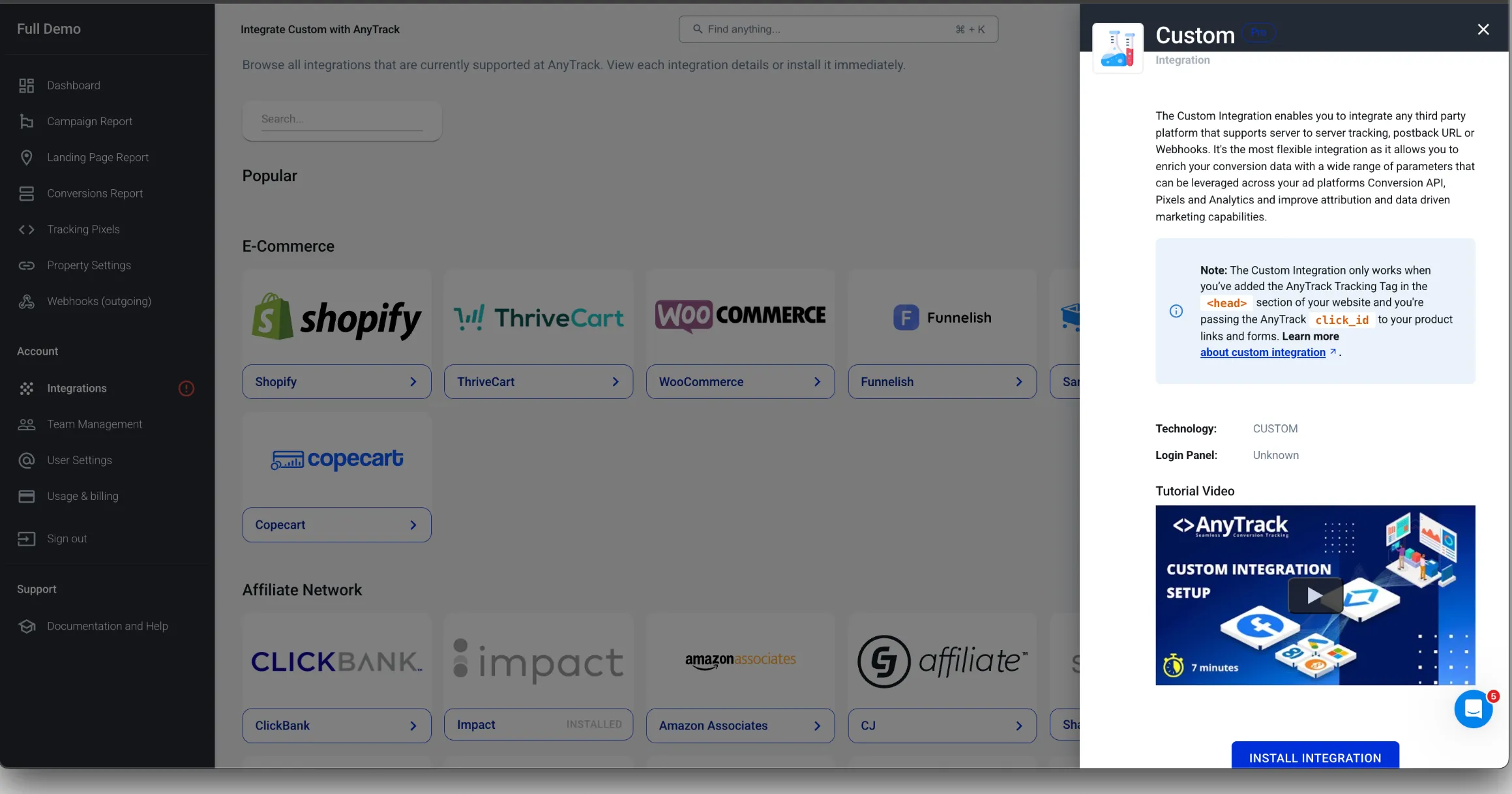 _Browse to the Custom Integration option in AnyTrack's integration catalog_