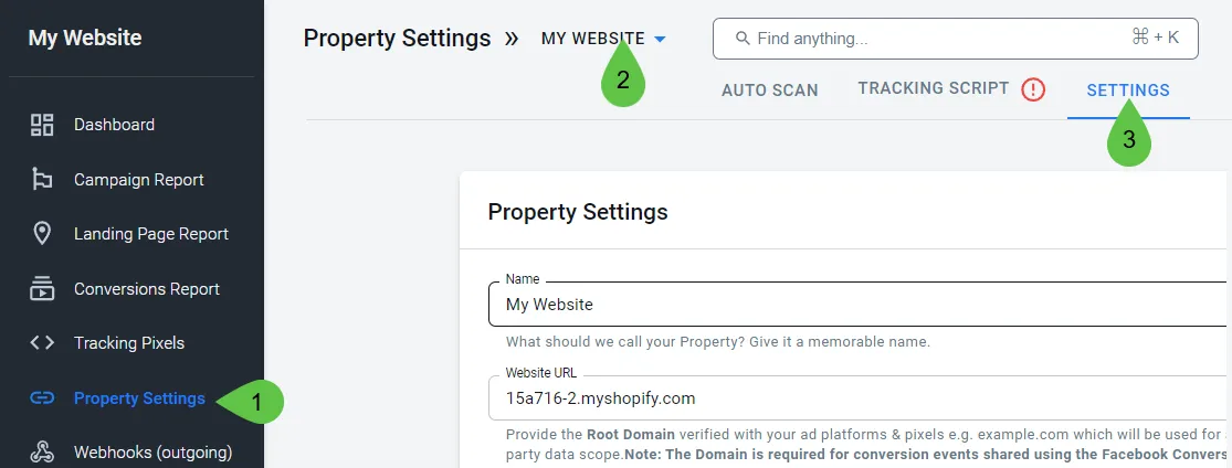 Navigate to the Settings tab to find the Property Settings.
