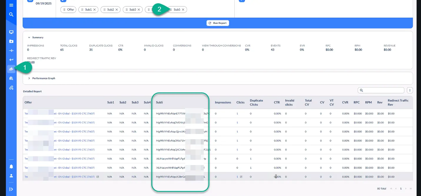 Sub5 reports in EverFlow show the click IDs