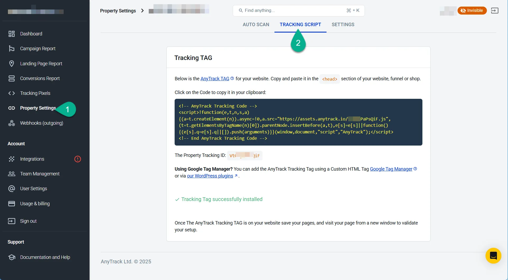 Copy your unique tracking tag from Property Settings
