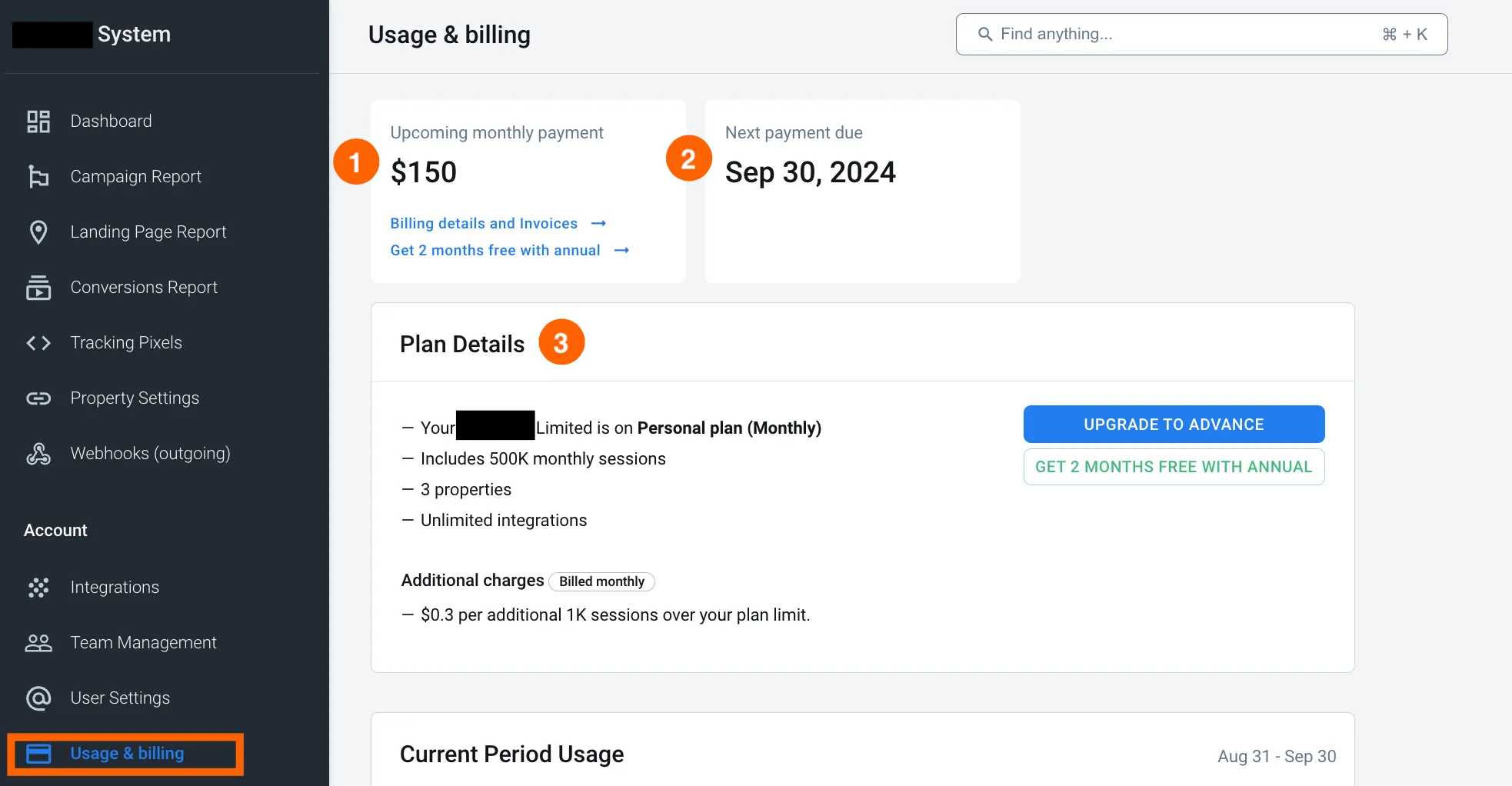 AnyTrack billing section