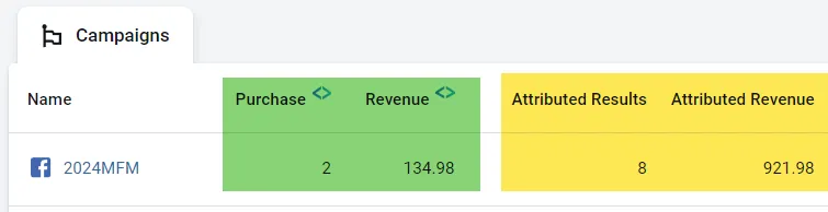 This campaign has 2 sales, but Facebook has registered 8.
