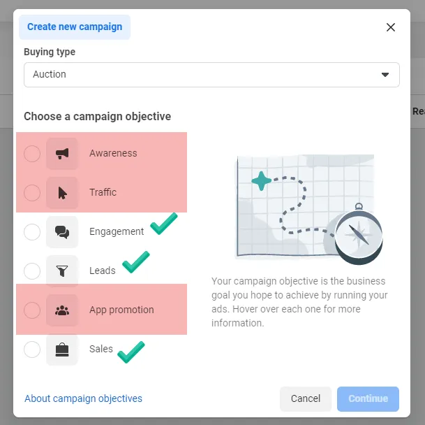 Selection of Campaigns Objectives during Campaign creation in Meta Ads.