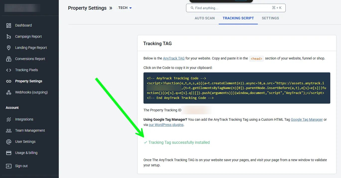 Success message after installing the Tracking Tag