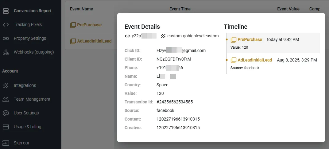 The follow-up event is appended to the customer journey that began with the Facebook lead.
