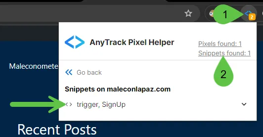 The Tracking Tag Helper Chrome Extension shows all the event snippets found on the page.