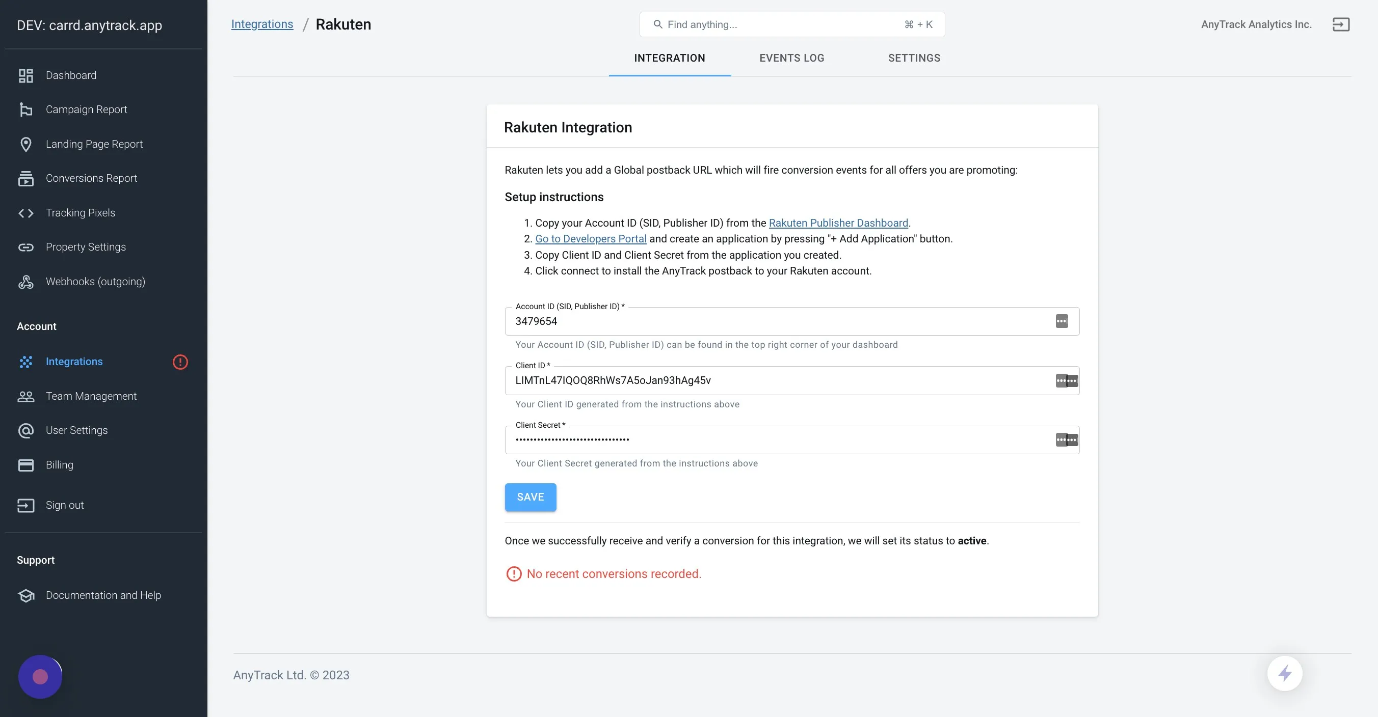 AnyTrack Event Log tab with Rakuten conversions