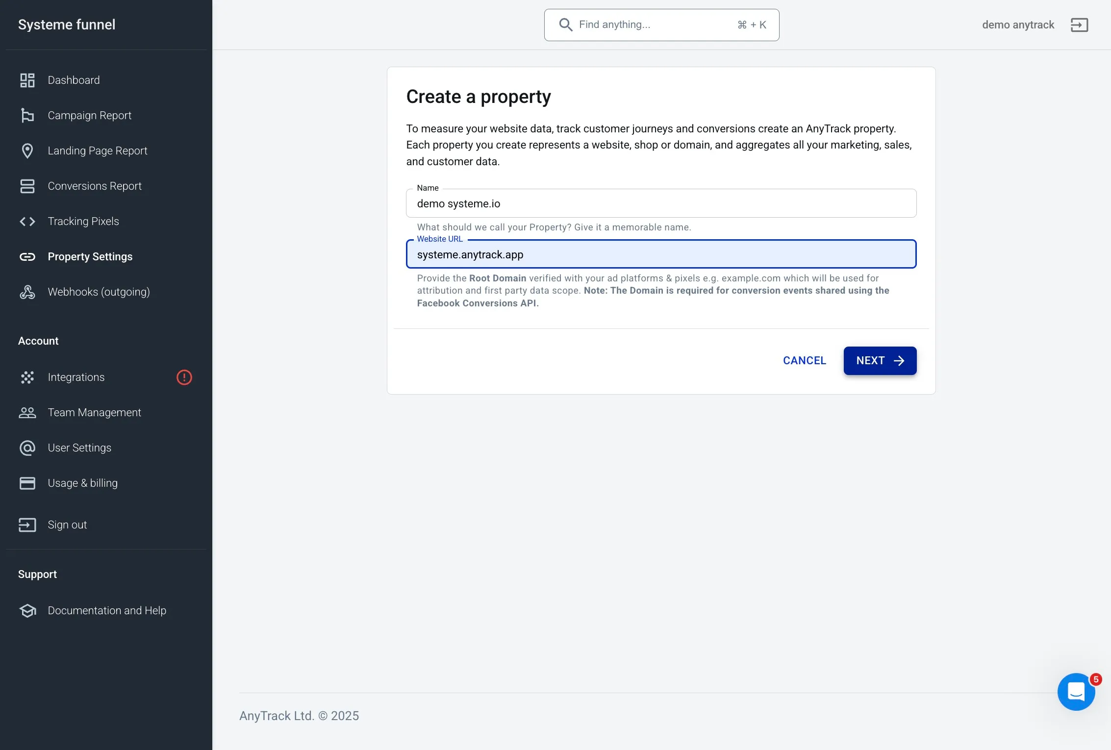 Setting name and domain of Systeme.io funnel in AnyTrack