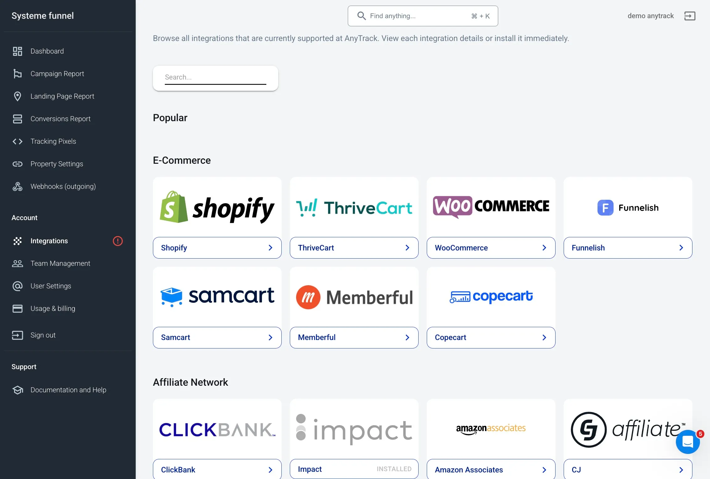Opening integration catalog in AnyTrack