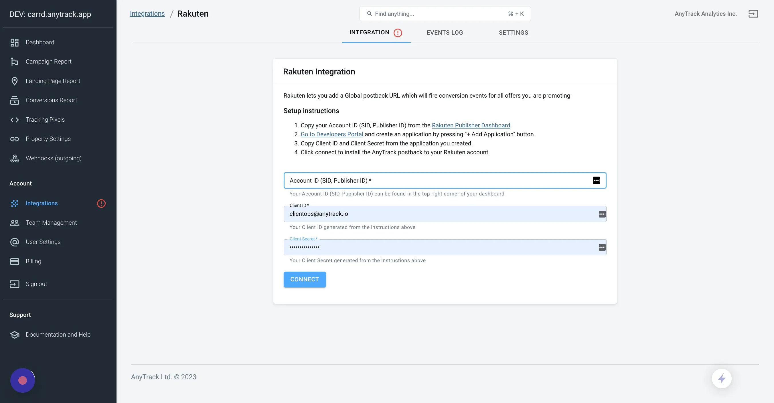 Rakuten account credentials fields in AnyTrack