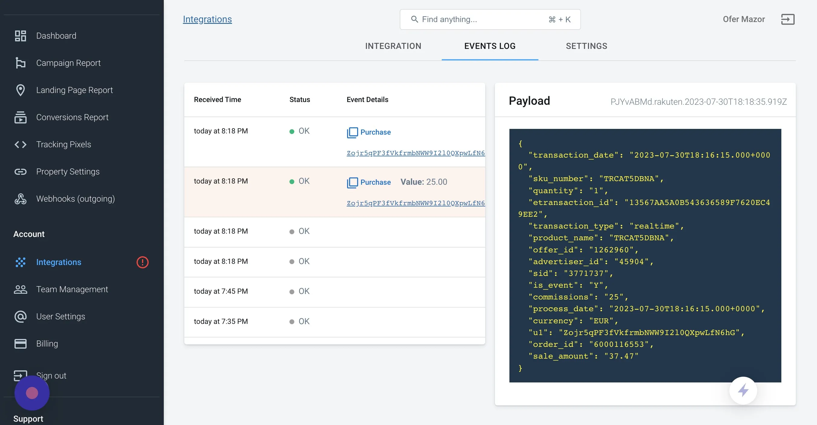 Rakuten conversion payload in AnyTrack