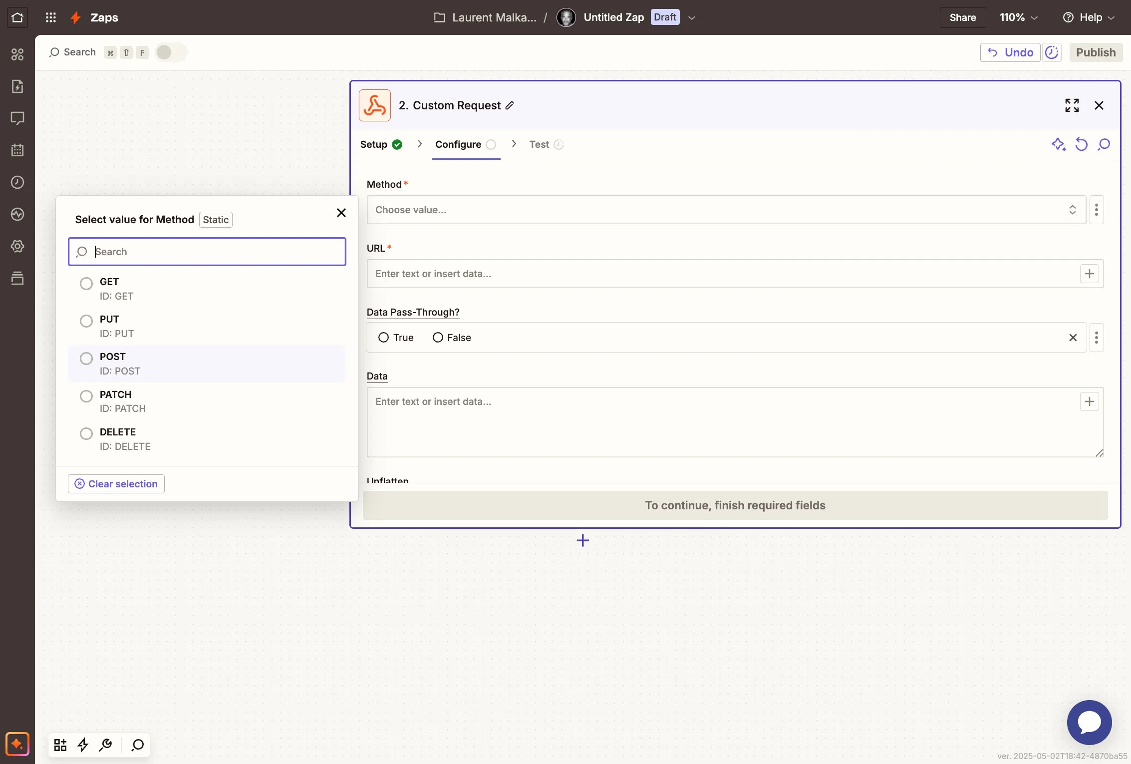 Choosing the POST method for the webhook request in Zapier