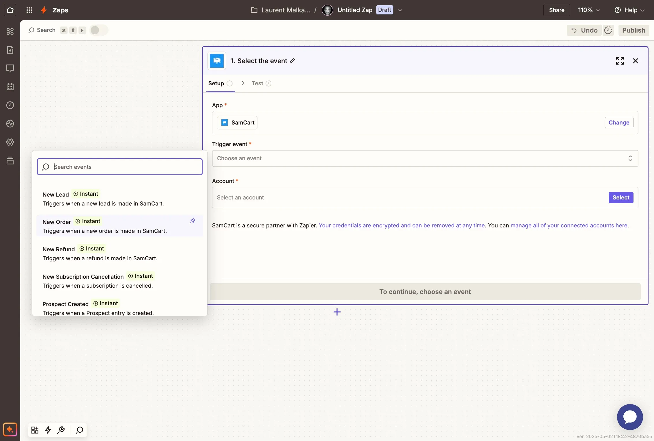 Choosing the SamCart new order trigger in Zapier