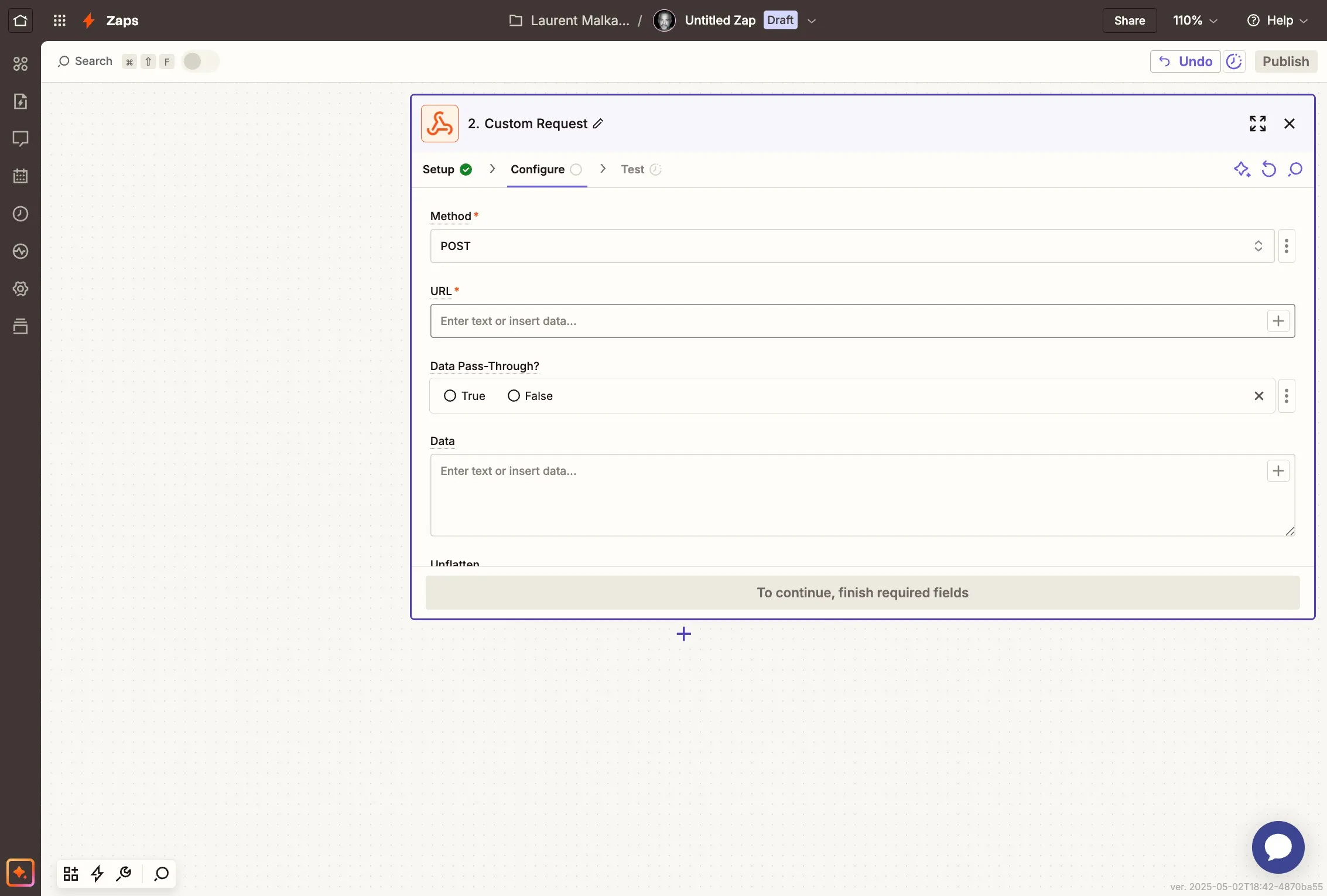 Pasting the AnyTrack webhook URL into the Zapier URL field