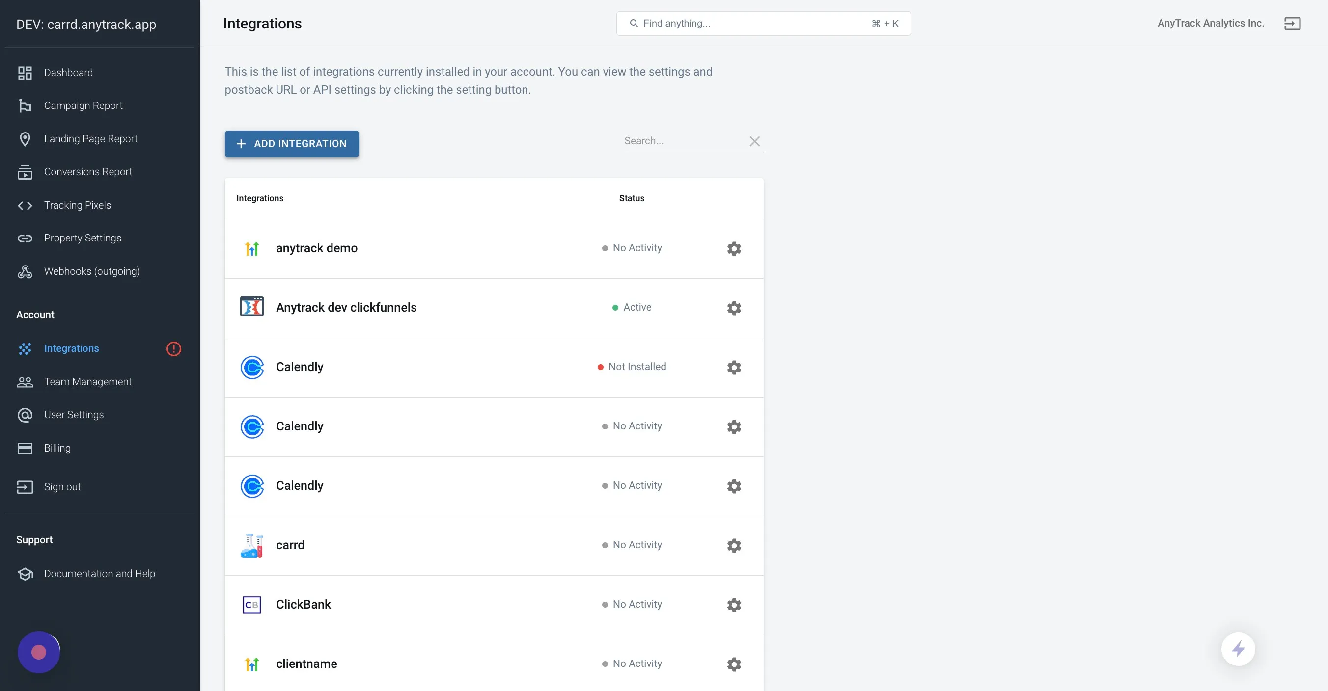 Add Integration button in AnyTrack