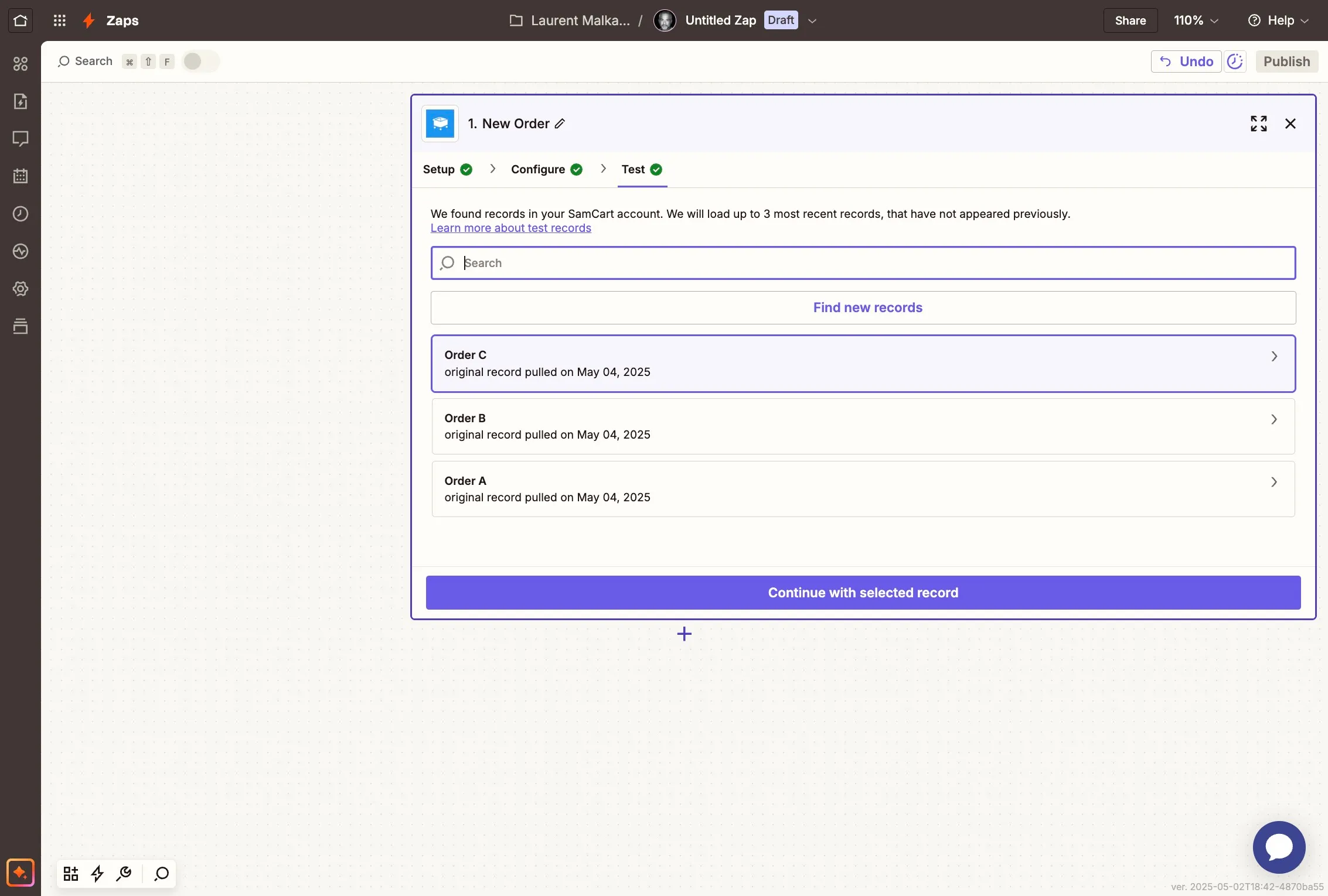Testing SamCart trigger data within Zapier