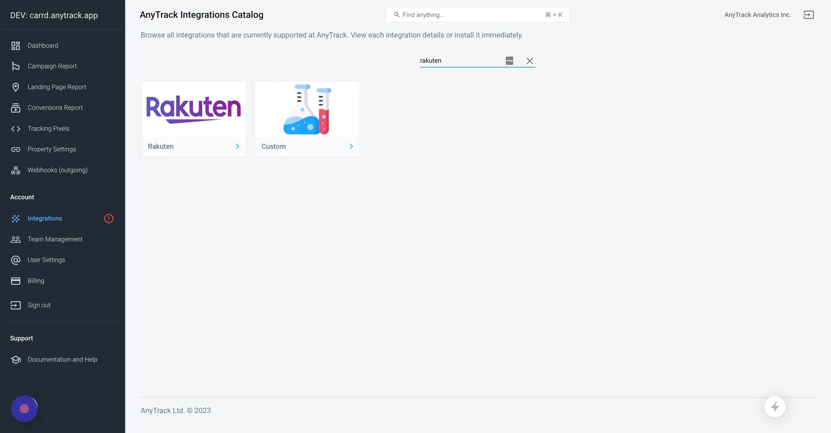Rakuten integration card in AnyTrack