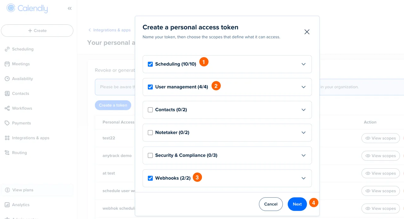 Calendly Create a personal access token dialog with the Scheduling, User management, and Webhooks scopes selected.