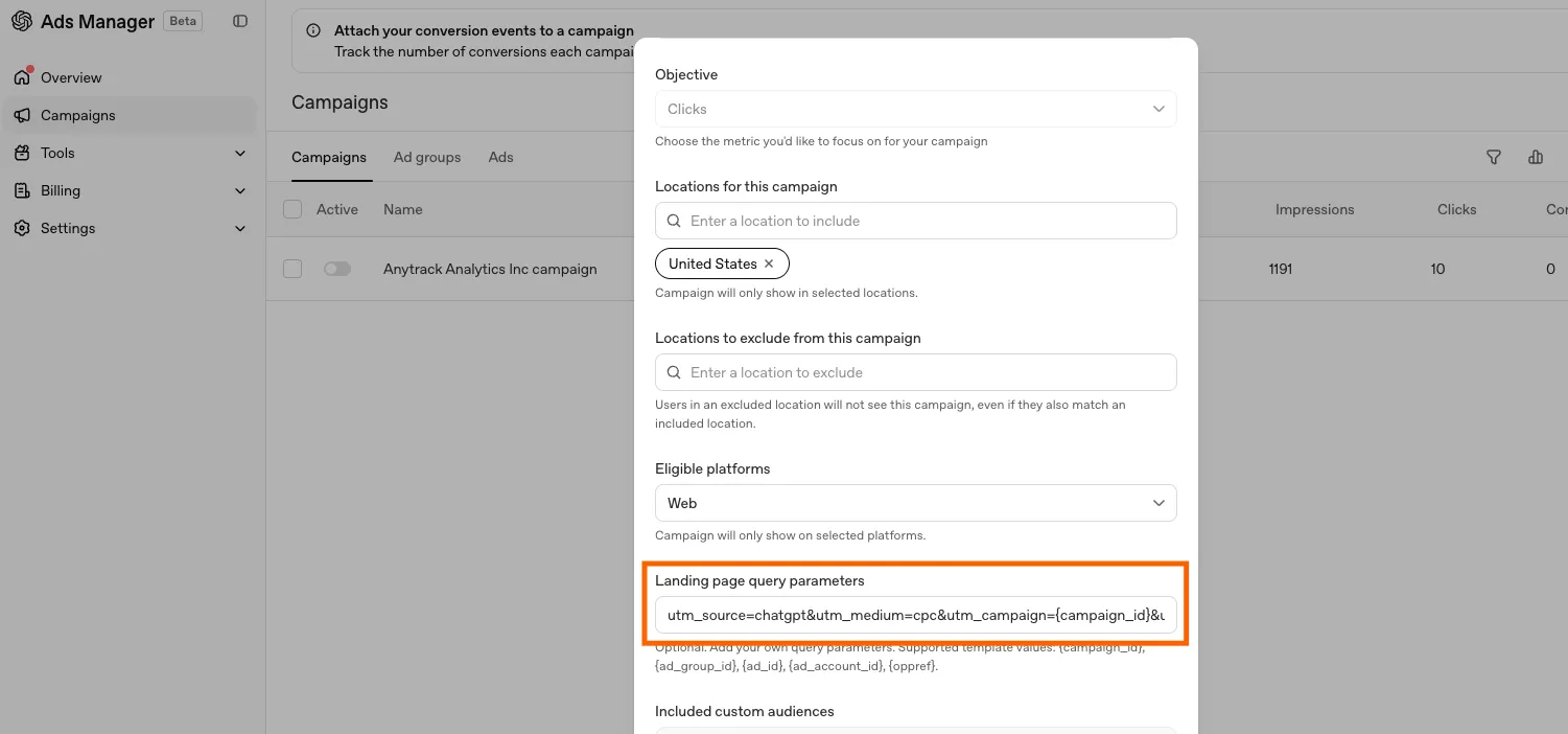 The Edit campaign modal in OpenAI Ads Manager. The Landing page query parameters field is highlighted, with the AnyTrack UTM template entered.