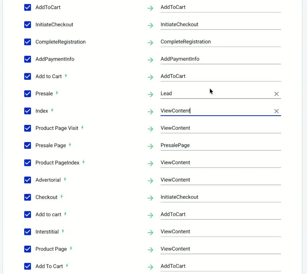 AnyTrack EverFlow event mapping listing many custom events including three separate spellings of Add to Cart, each mapped individually