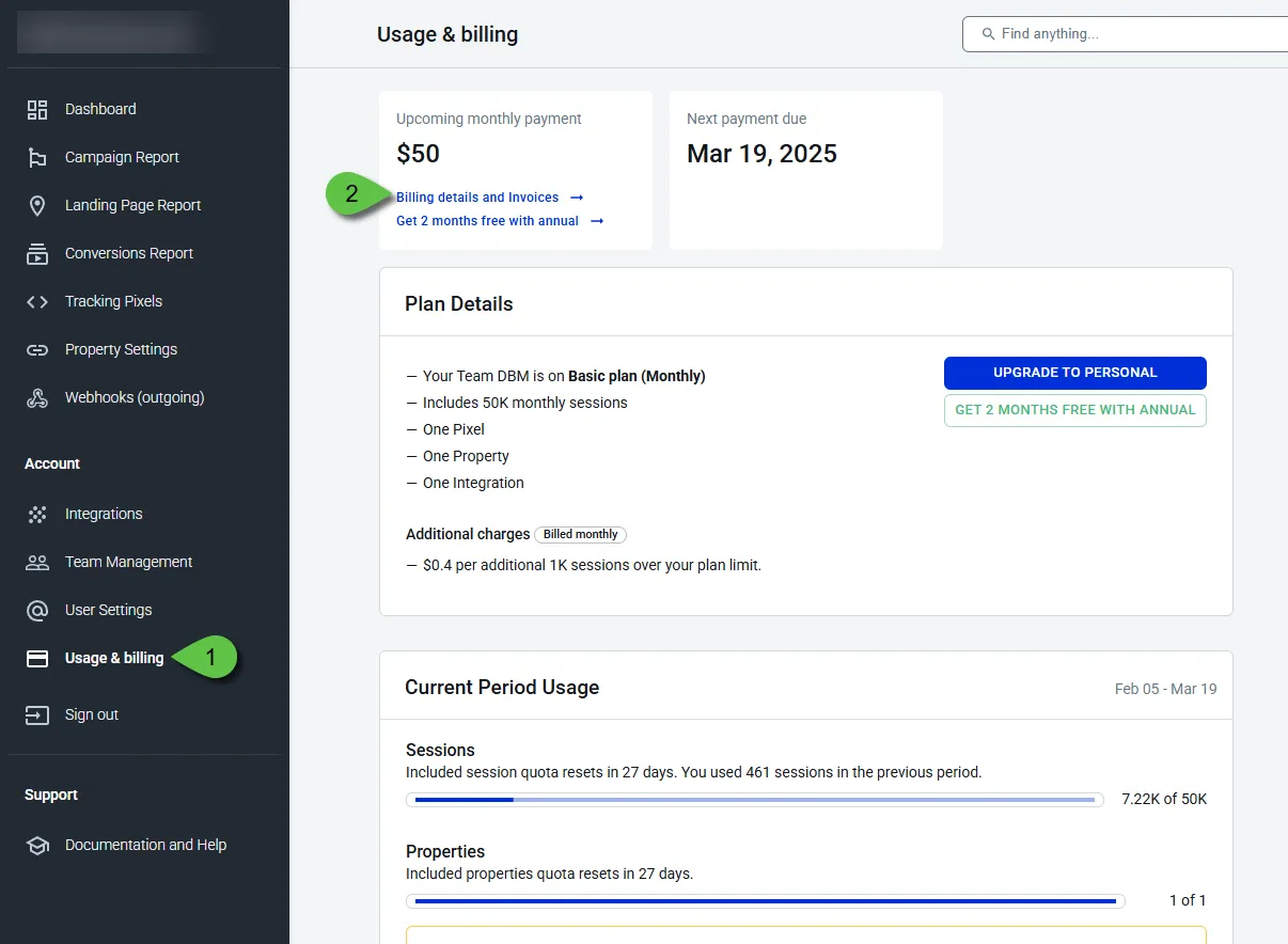 Navigate to Usage and Billing in the AnyTrack dashboard