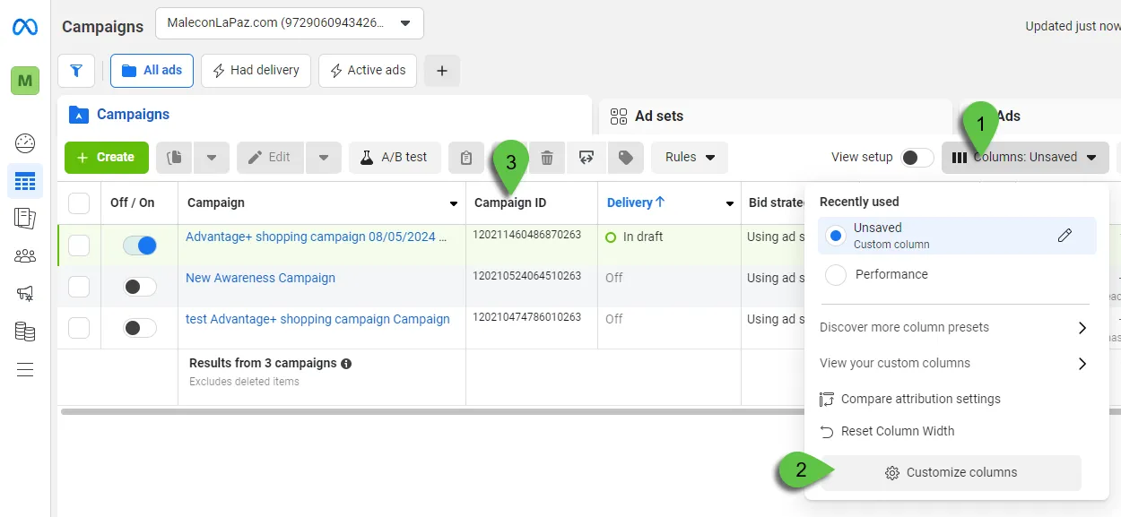 Click on Customize columns to add the Campaign ID column