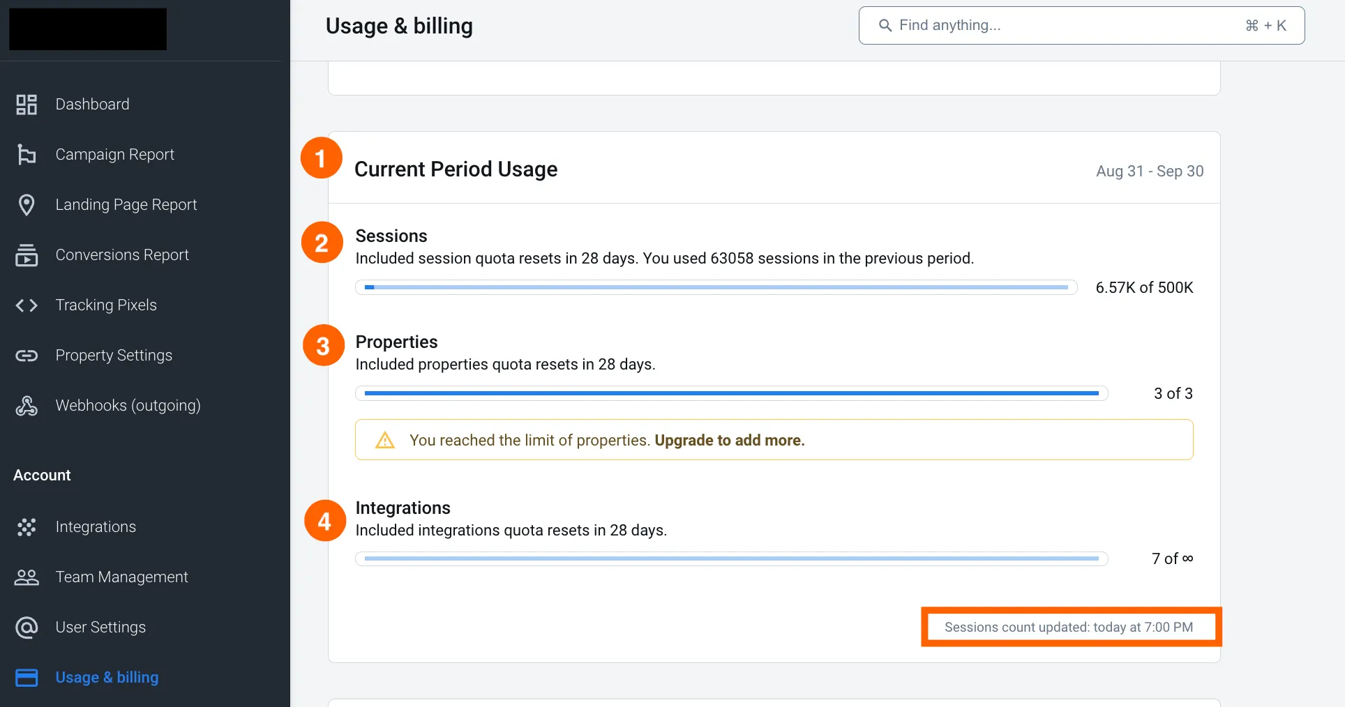 AnyTrack billing metrics for the current period