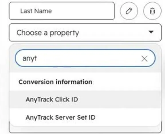 HubSpot property search for anyt. The Conversion information group shows AnyTrack Click ID and AnyTrack Server Set ID.