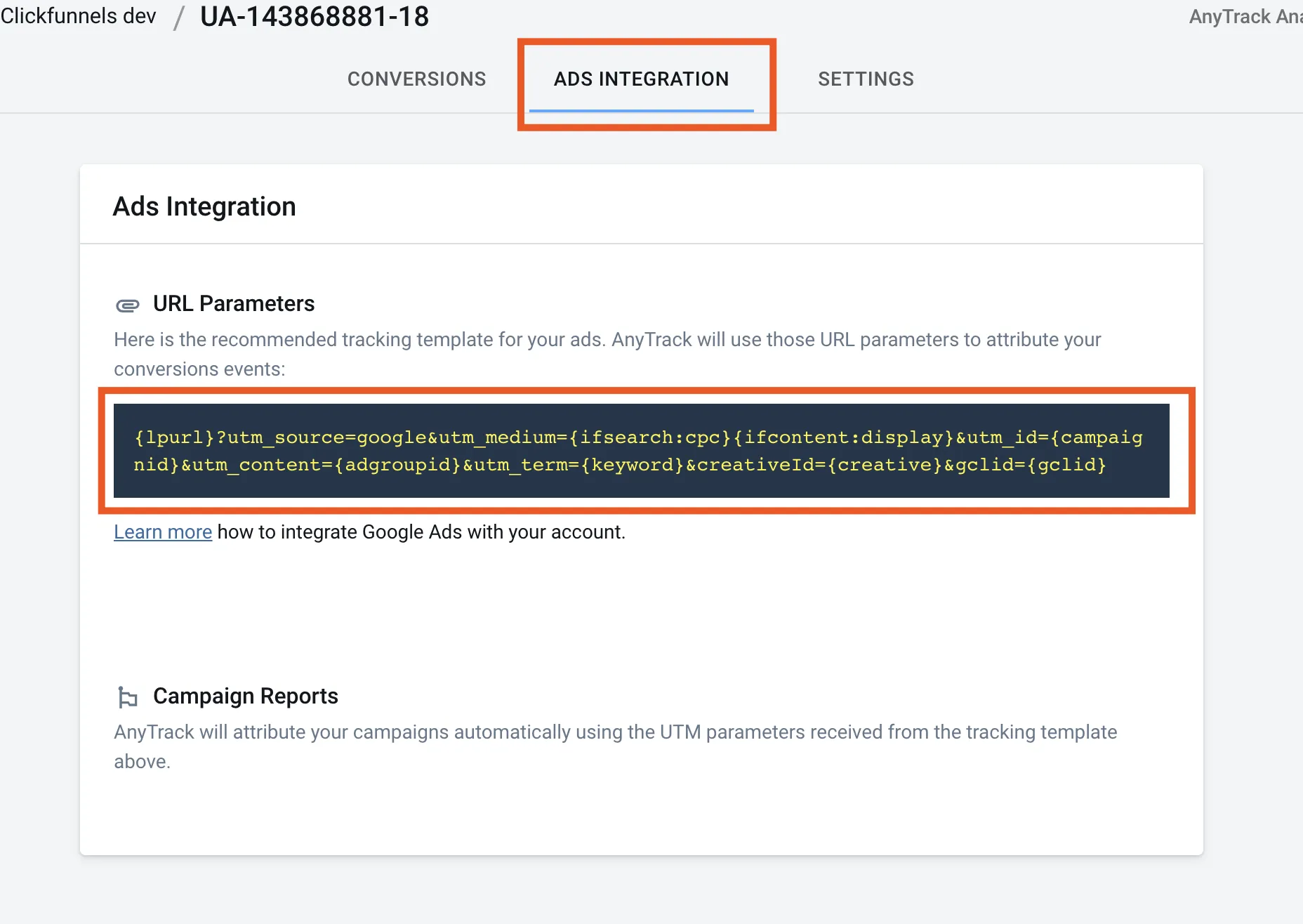 AnyTrack documentation screenshot