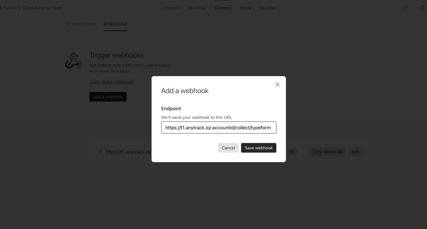 Pasting the AnyTrack webhook URL in the Typeform Add a webhook panel