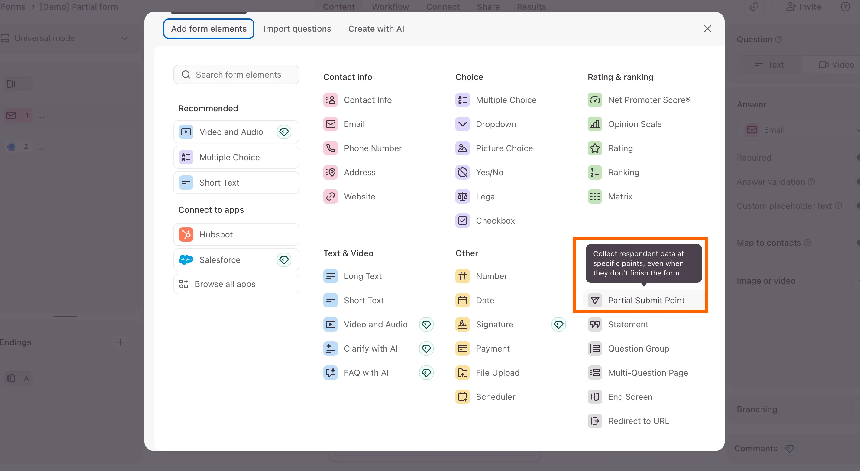 Selecting the Partial Submit Point element in the Typeform Add form elements panel