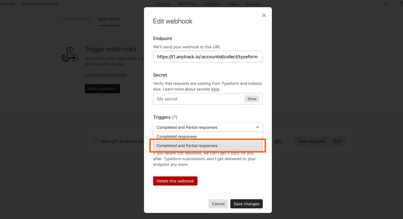 Setting the Typeform webhook Triggers to Completed and Partial responses