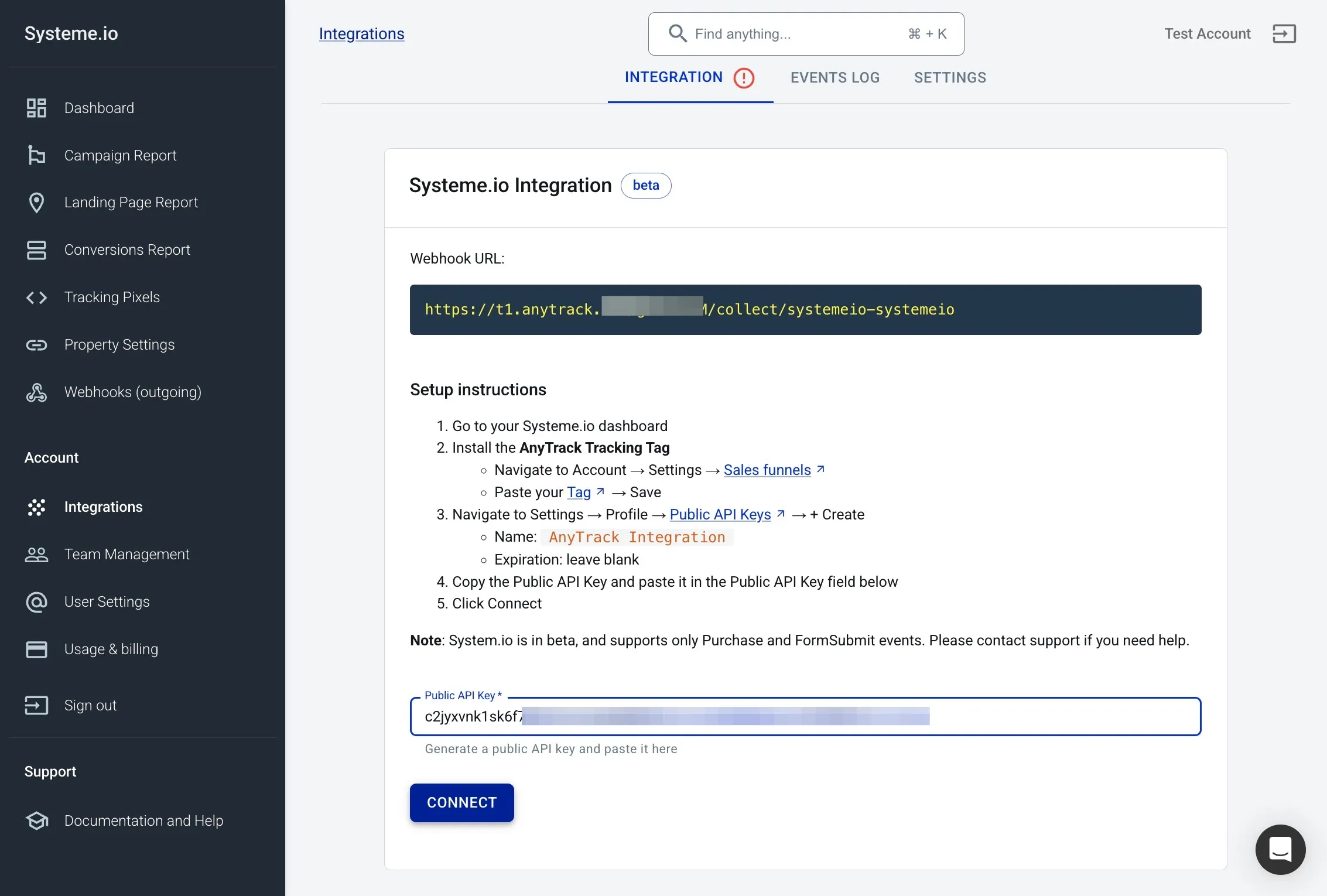Validating Systeme.io API key connection in AnyTrack